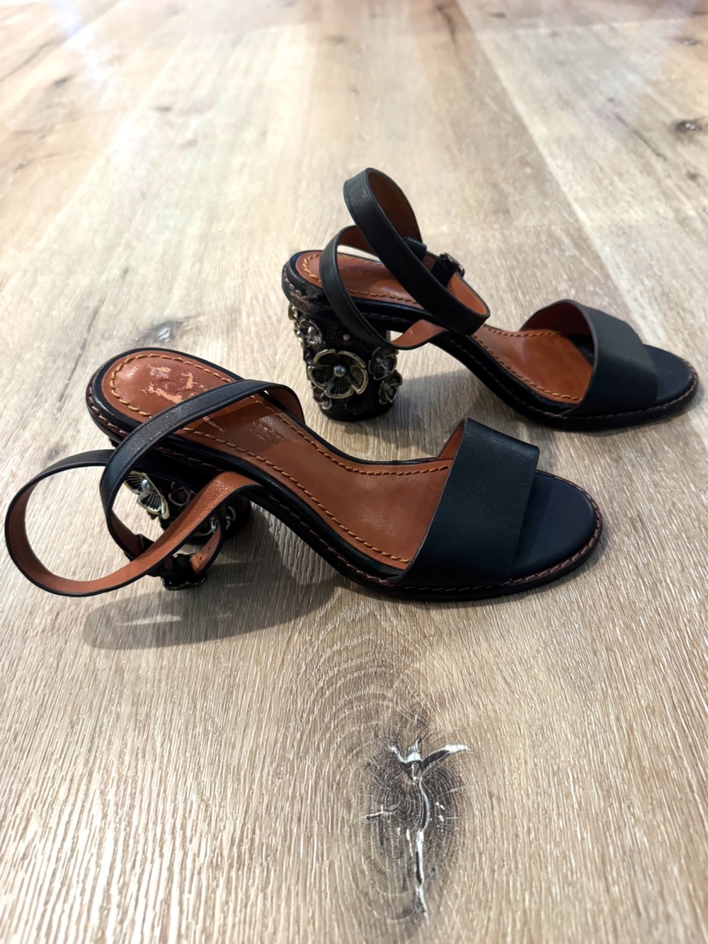 Coach Leather Black, Metal Floral Embellished Heel Sandals